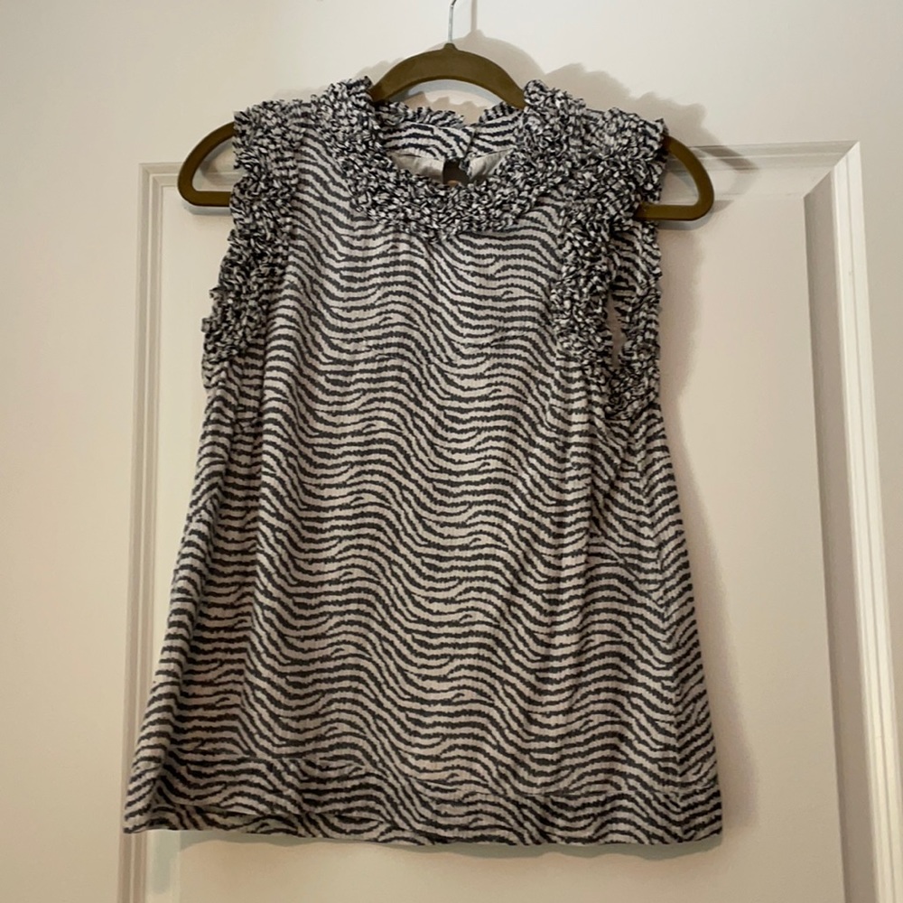 French connection blue and white ruffle blouse